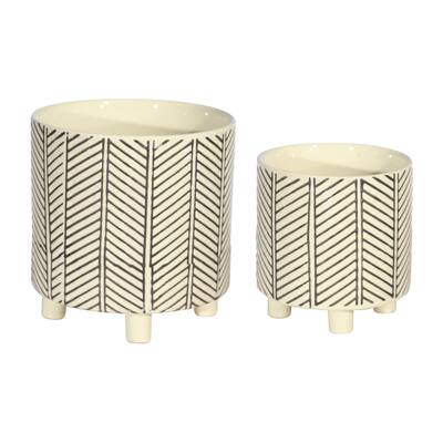 Set of 2 Footed Planters 9, 6", Abstract White 9"H - 8.5" x 8.5" x 9.0"