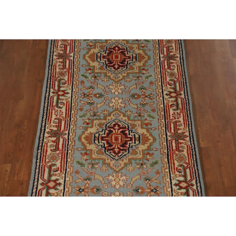 Light Blue Heriz Serapi Runner Rug Handmade Traditional Wool Carpet - 2'7" x 12'2"