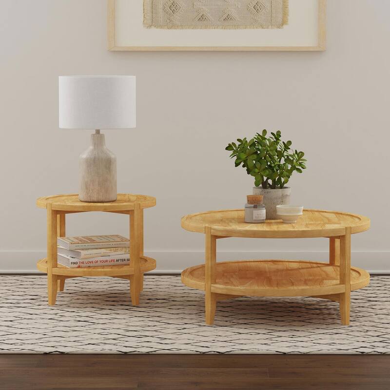 2-piece Round Wooden Coffee and End Table Set in Maple - 2 Piece