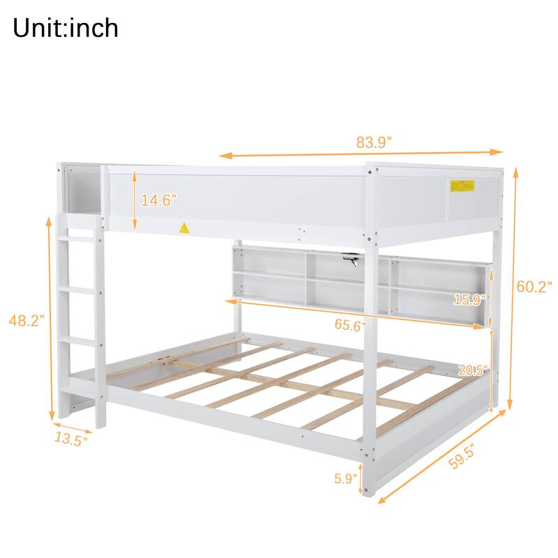 Queen Size Wood Bunk Bed with Built In Bookcase and Charging Station, Queen over Queen Low Bunk Bed Frame, No Box Spring Needed
