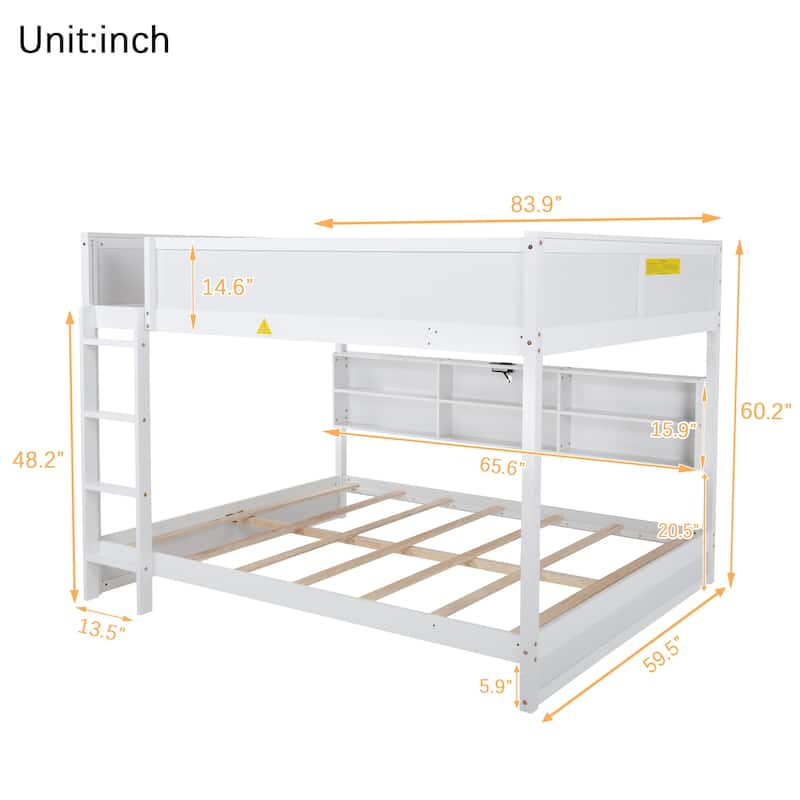 Wooden Queen Size Bunk Bed Frame with Charging Station and Storage Cabinets, Solid Pinewood Bunk Bed Frame, Queen over Queen