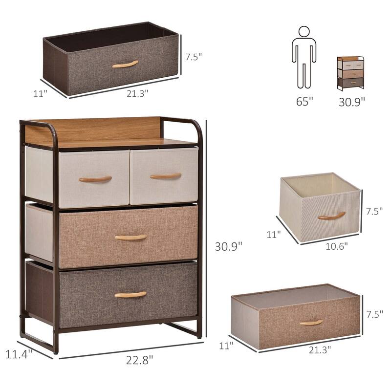 HOMCOM 5-Drawer Dresser Tower 4-Tier Storage Organizer with Steel Frame Wooden Top for Bedroom Hallway Closets