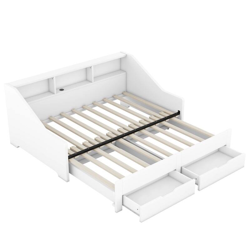 Twin to King Size Daybed Frame with Storage Bookcases and Two Drawers,Charging Design