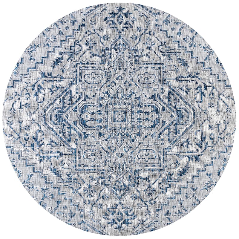 JONATHAN Y Charleston Medallion Indoor/Outdoor Area Rug - 5' Round - Navy/Gray