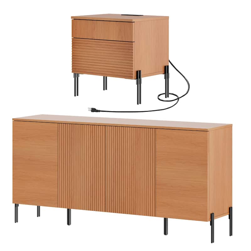 WAMPAT Modern Minimalist Nightstand And Bedside Cabinet Set, Reeded Bedroom Set, Oak Wooden Chest With Hidden Handles - Mocha