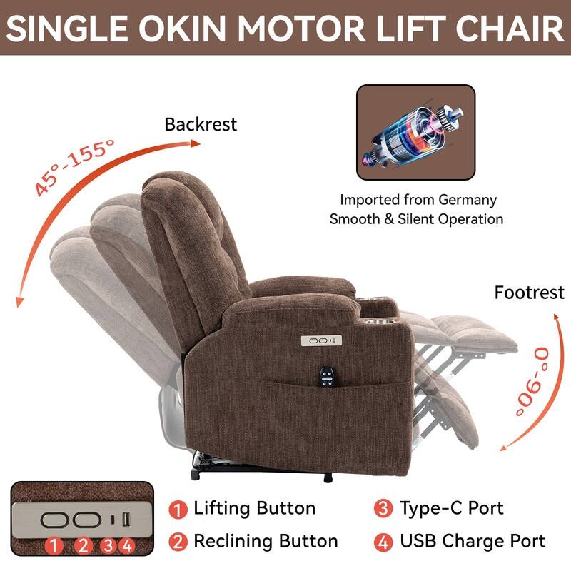 Large Power Lift Recliner with Massage & Heat - Heavy Duty Wide Recliner Chair for Elderly, USB/Type-C Charging, Cup Holders