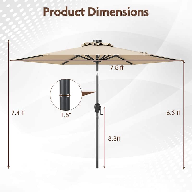 Costway 7.5 ft Solar Powered Patio Umbrella with LED Lights Push
