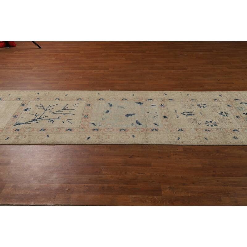 Hand Knotted Oriental 100% Wool Carpet Traditional Floral Beige & Ivories Art Deco Runner Rug - 11' 10'' X 3' 0''