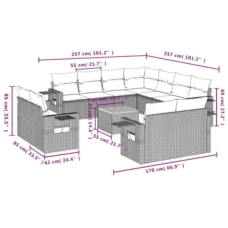 vidaXL 12 Piece Patio Sofa Set with Cushions Black Poly Rattan - 24.4" x 24.4" x 27.2"