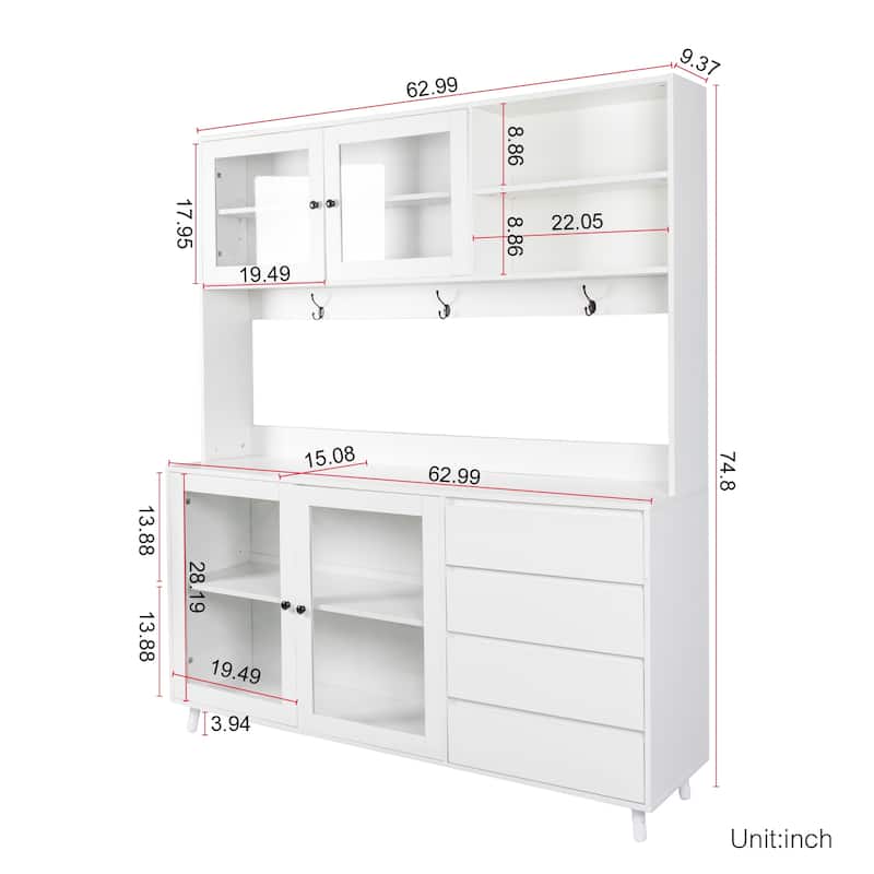 Kitchen Hutch Cabinet with Drawers and Glass Doors, Pantry Cabinets with Shelves, Storage Buffet with Microwave Shelf