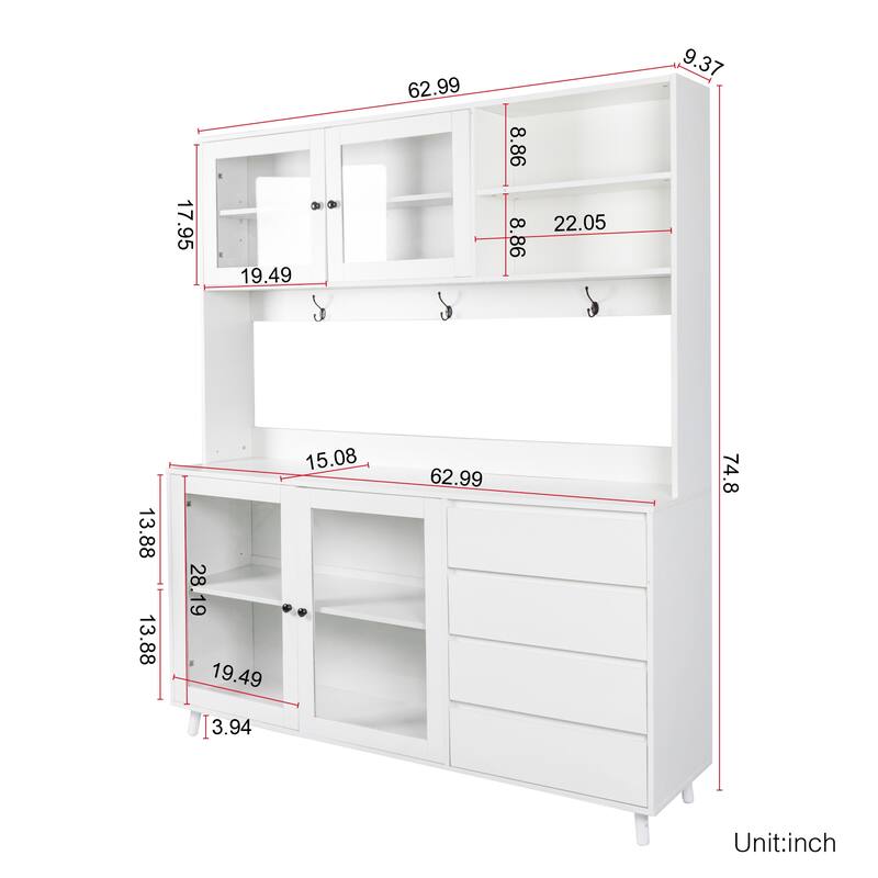 Roomfitters 63" Large Kitchen Hutch Cabinet, Freestanding Pantry Cupboard with 4 Doors, 4 Drawers & Microwave Shelf