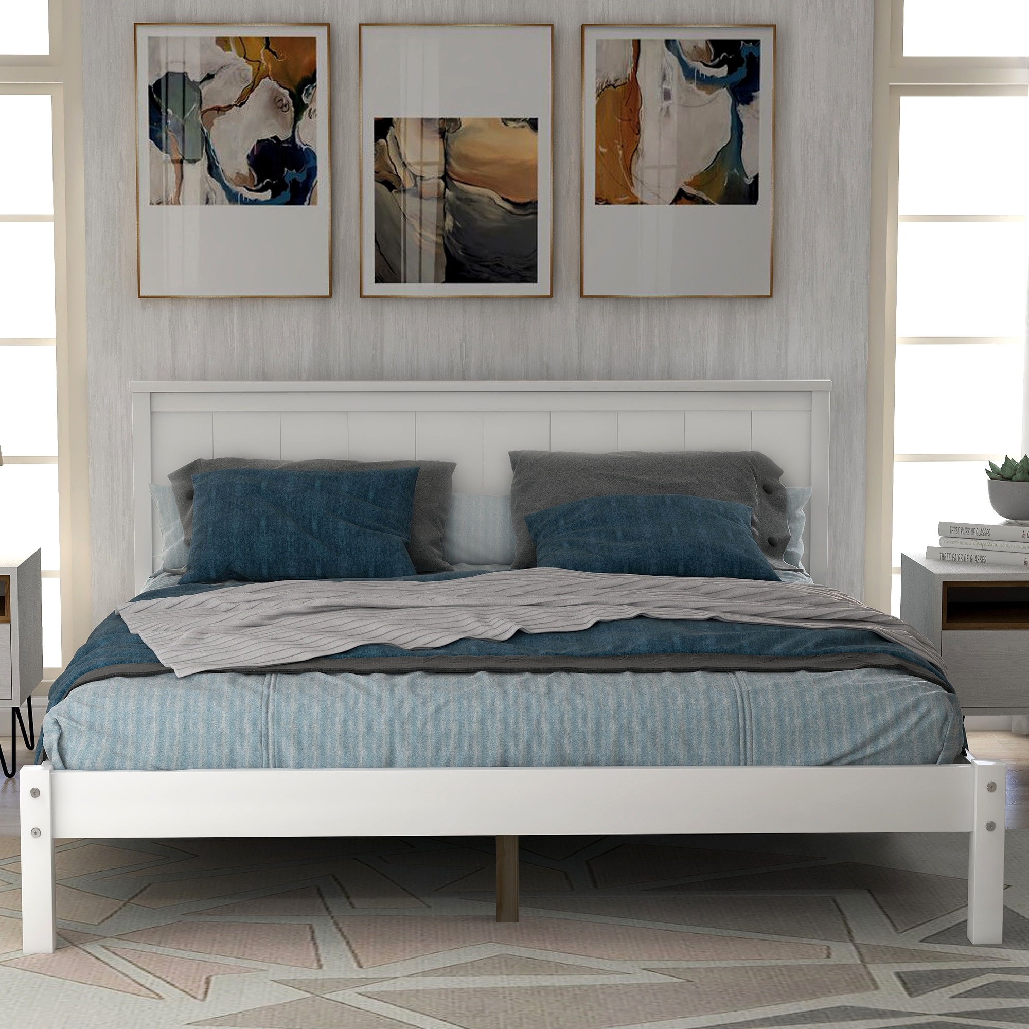 Classic Wood Full Size Platform Bed Frame w/ Headboard Upholstered Bed, No Box Spring Needed, Easy Assembly Panel Bed
