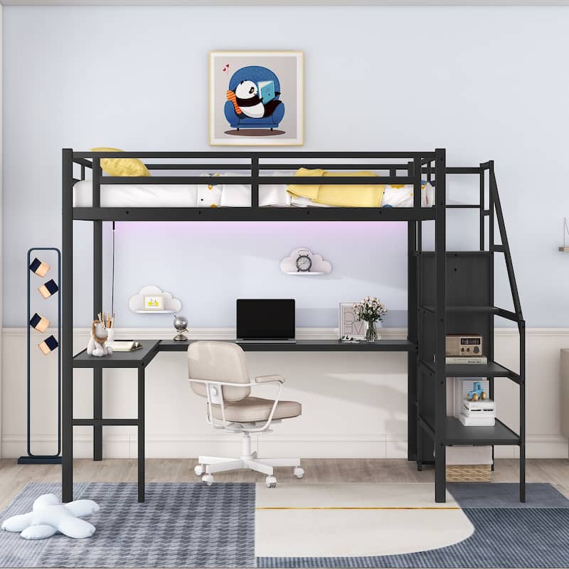 Black Full Size Metal Loft Bed with L-shaped Desk, LED, and Wardrobe