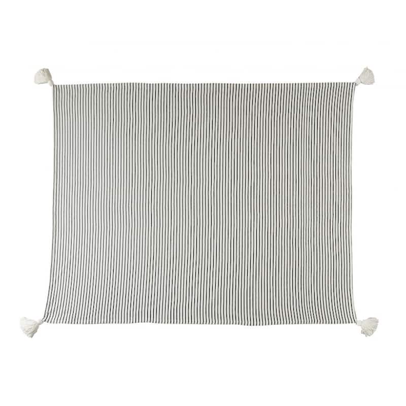 50" X 60" Black and White Woven Cotton Striped Throw Blanket with Tassels