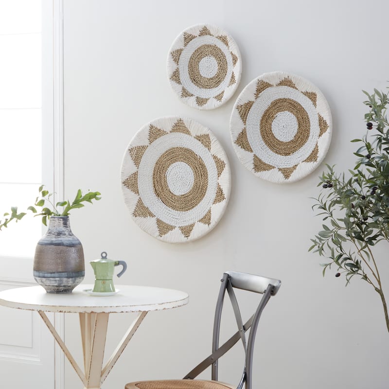 White Cotton Fabric Handmade Woven Plate Home Wall Decor (Set of 3) - White