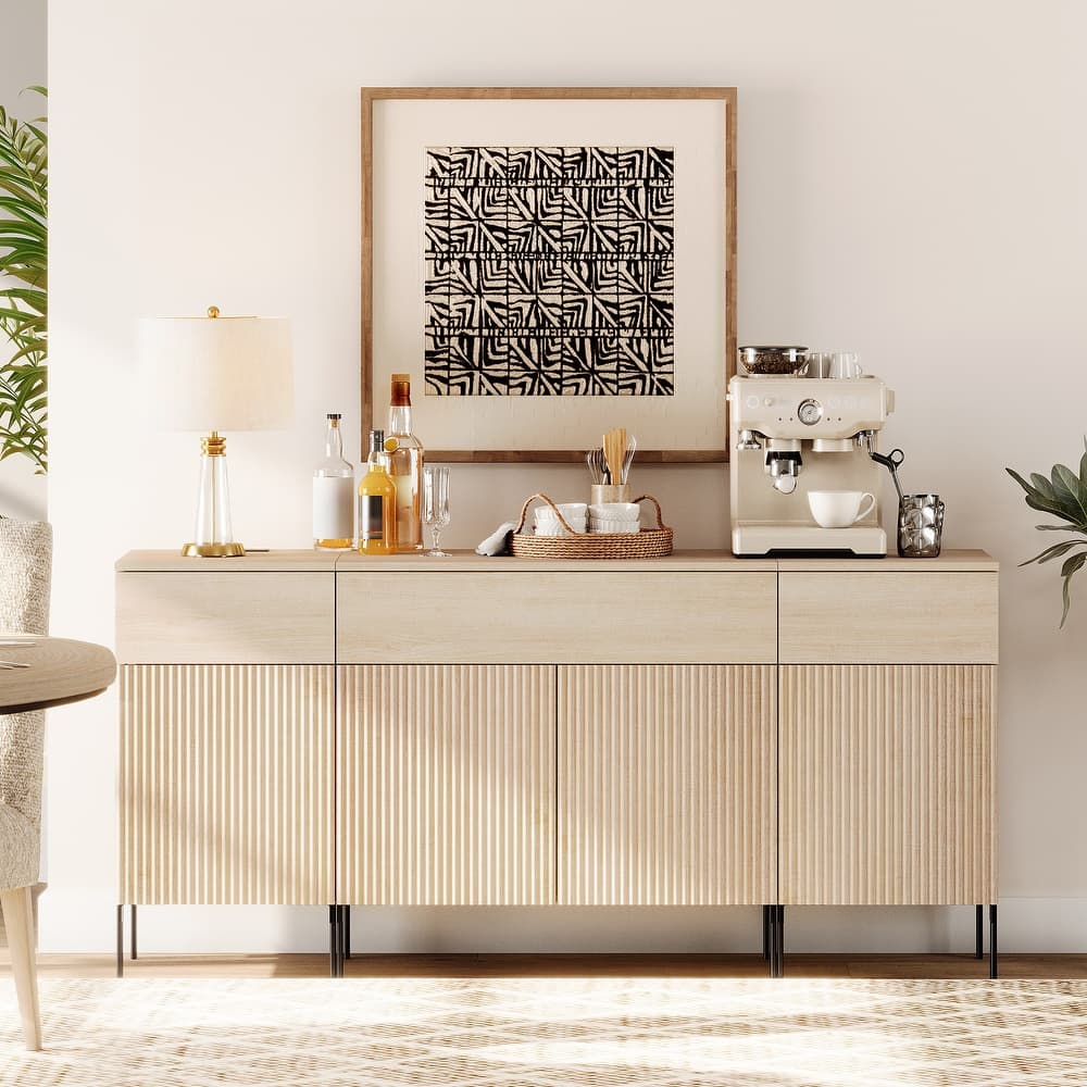 63" Wooden Reeded Sideboard With Doors And Drawers, 3-In-1 Modern Credenza With Charging