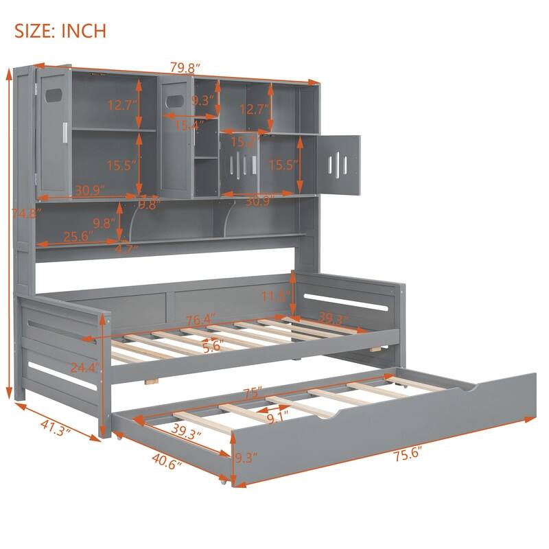 Wooden Daybed with Twin Size Trundle and All-in-One Cabinet, Twin/Full Size Daybed Frame Sofa Bed with Storage Shelves
