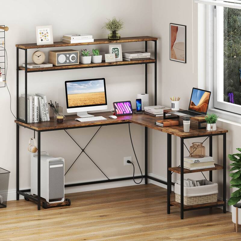 Reversible Corner Computer Desk L-Shaped Desk w/ LED Strip