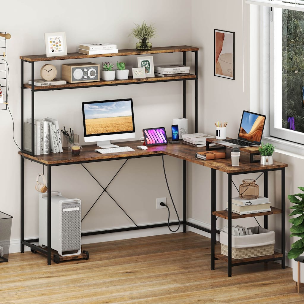 Reversible Corner Computer Desk L-Shaped Desk w/ LED Strip