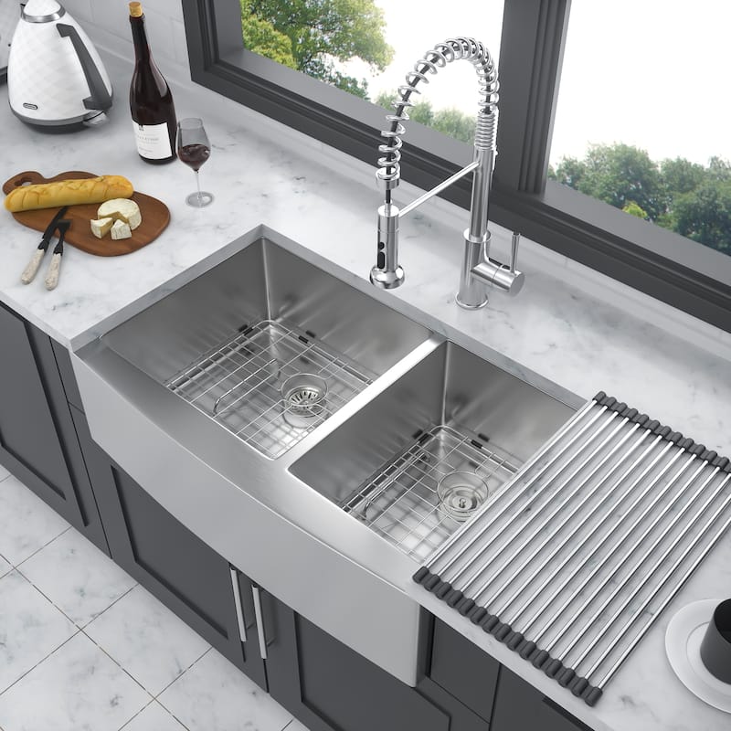 33" Farmhouse 16 Gauge Double Bowl Stainless Steel Kitchen Sink in Brushed Nickel - 33'' x 21'' x 10''