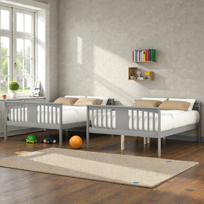 Full Over Full Bunk Bed with Ladder, Solid Wood Convertible Bunk Bed Frame for Bedroom or Guest Room