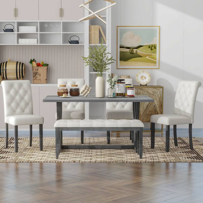 Gray Wash 6-Piece Wooden Dining Table Set with 4 Tufted Chairs & Bench
