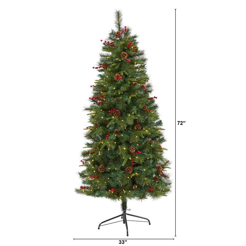 6’ Pinecone & Berry Pine Artificial Christmas Tree, Clear LED Lights - 6 Foot