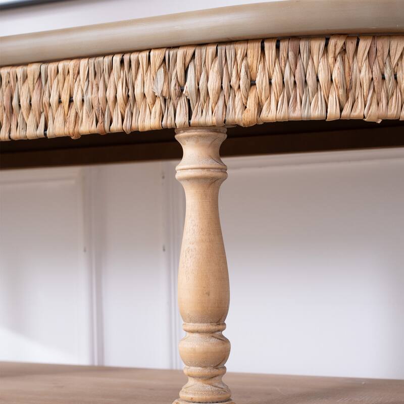 49" Wood Console Table with Hand-Woven Trim, 3-Tier Storage Shelves, with Carved Legs, Rustic Coastal Farmhouse Accent Table