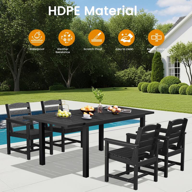 5-Piece HDPE Outdoor Extendable Dining Set with 4 Chairs – All-Weather Patio Furniture - N/A