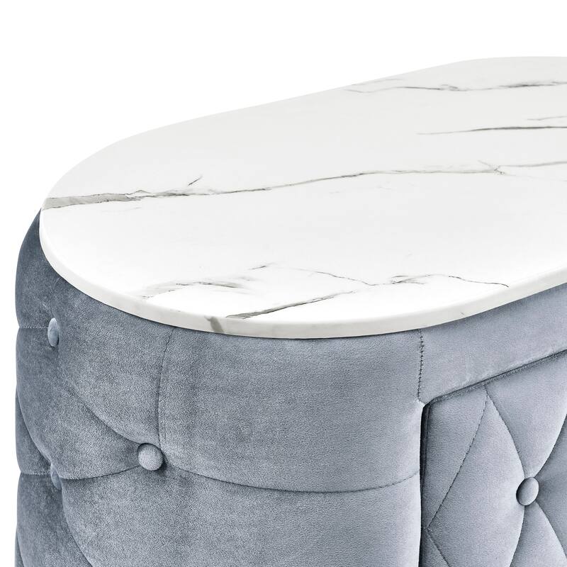 1pc Black Nightstand Upholstery Fabric Marble Top Two Storage Drawers Wooden Bedroom Furniture Oval Black