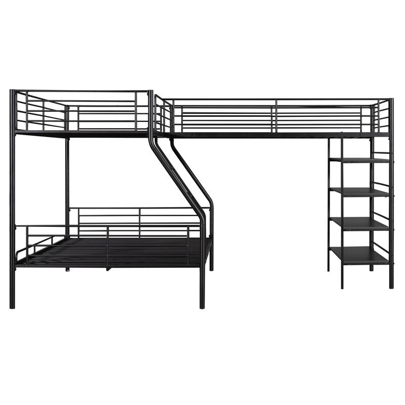 L-Shaped Metal Twin over Full Bunk Bed Built-in Shelves