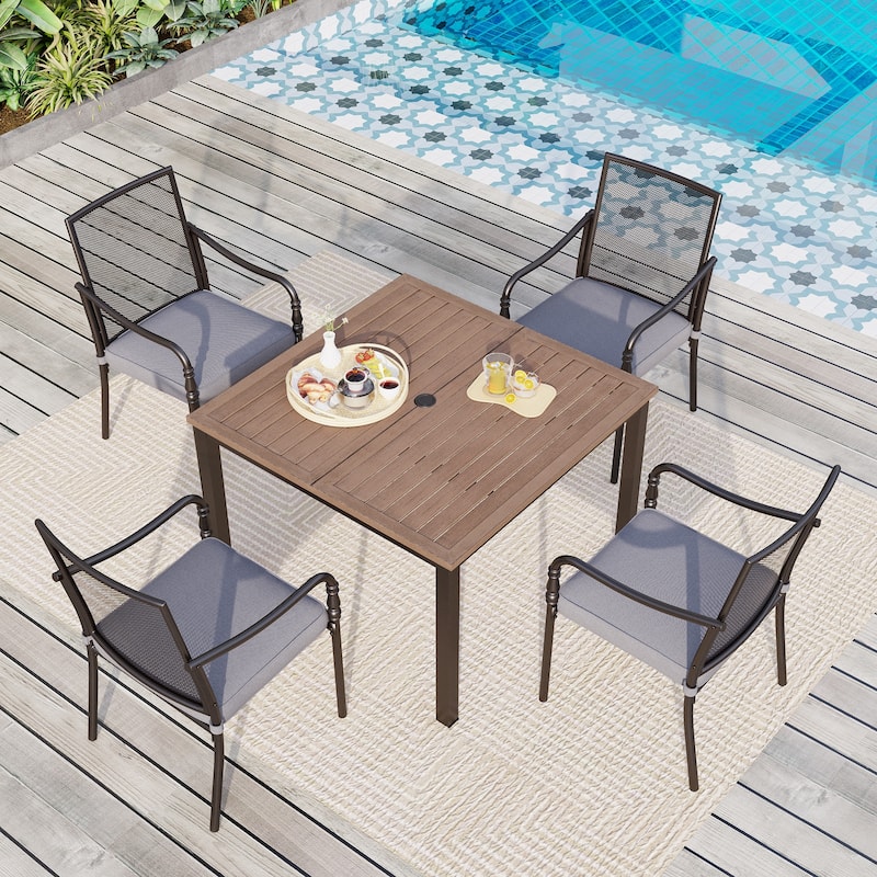 MAISON ARTS 5-Piece Patio Dining Set, Square Brown Metal Dining Table and 4 Gourd Head Shape Armrest Chairs - Mesh Chairs