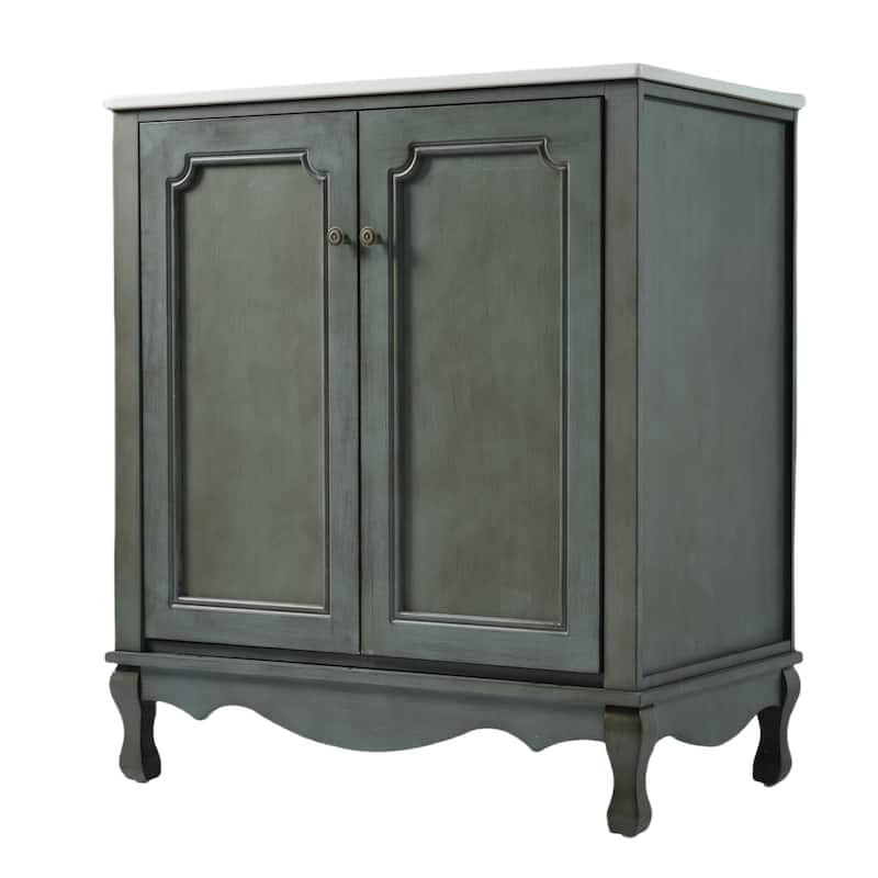 30" Bathroom Vanity with Rectangle Ceramic Sink, Antique Handles and 2 Doors, Solid Wood Legs and Adjustable shelves