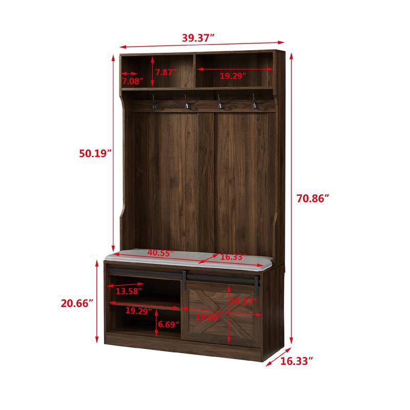 Hall Tree with Bench and Shoe Storage, Entryway Coat Rack