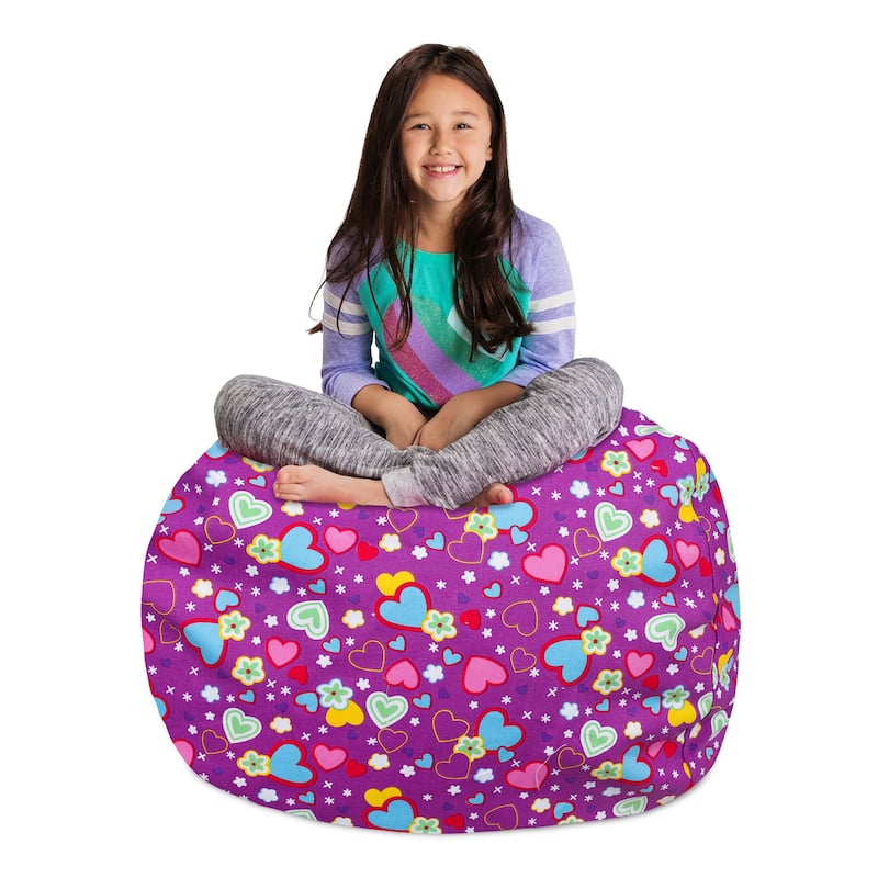 Kids' Stuffed Animal Storage Bean Bag Chair Cover or Toy Organizer - 38 Inches Large - Canvas Multi-Colored Hearts on Purple