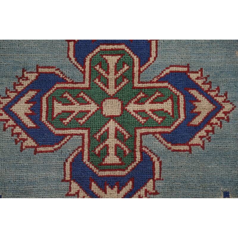 Hand Knotted Oriental 100% Wool Carpet Traditional Geometric Navy Blue & Blues Kazak Area Rug - 9' 8'' X 6' 8''