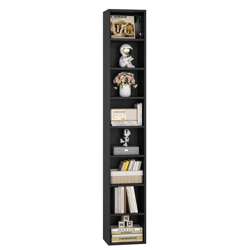 Grondin 8-Tier Media Tower, Wooden Media Storage Rack with Adjustable Shelves, Tall Narrow Bookcase Display Bookshelf