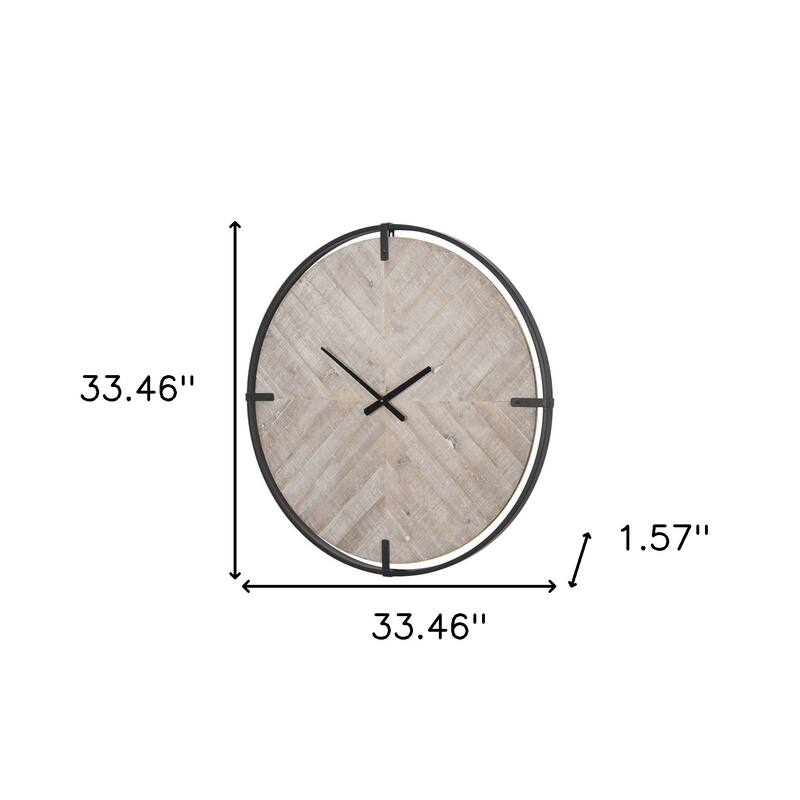HomeRoots 33" Black And Natural Metal And Solid Wood Analog Distressed Round Wall Clock - 33.46 in. x 33.46 in. x 1.57 in.