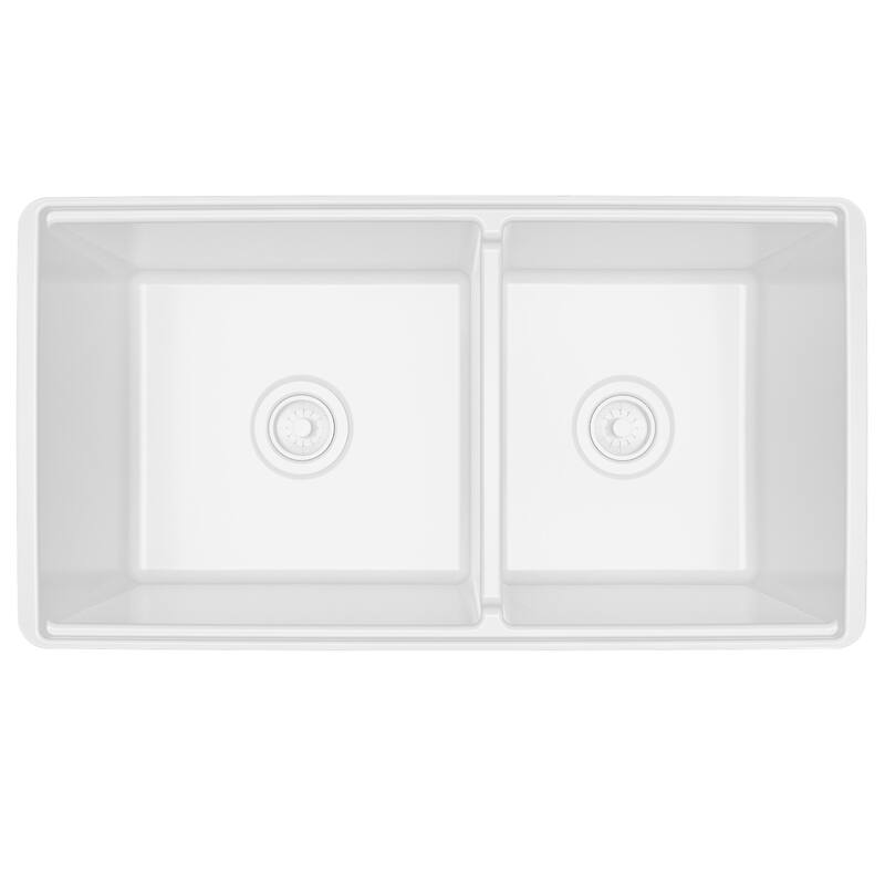 Karran 33" Double Bowl Workstation Fireclay Kitchen Sink with Reversible Fluted Apron Front