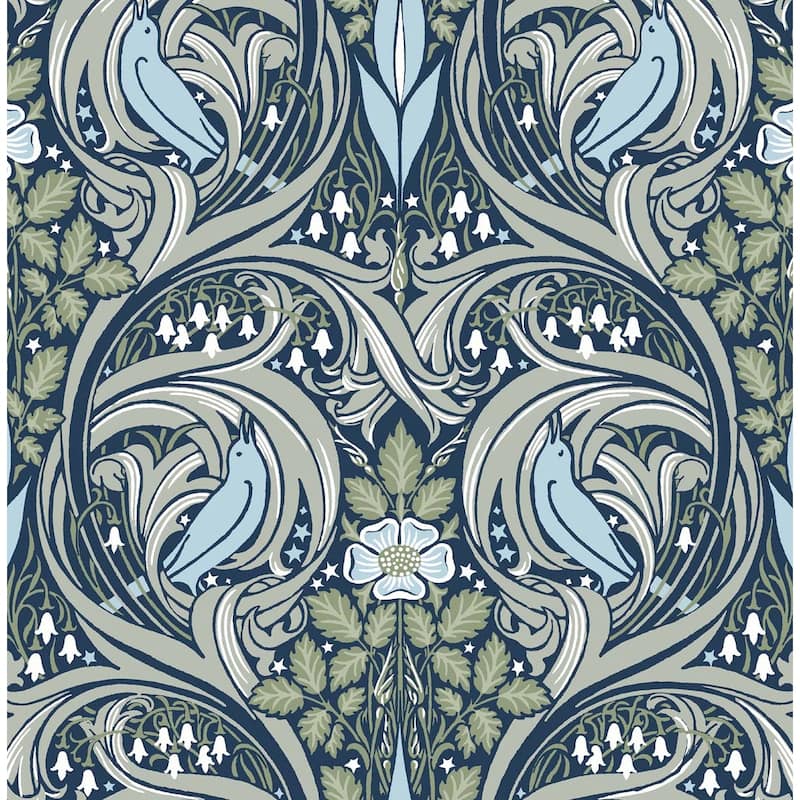 NextWall Bird Ogee Peel and Stick Wallpaper - 20.5 in. W x 18 ft. L - Navy & Fern Green