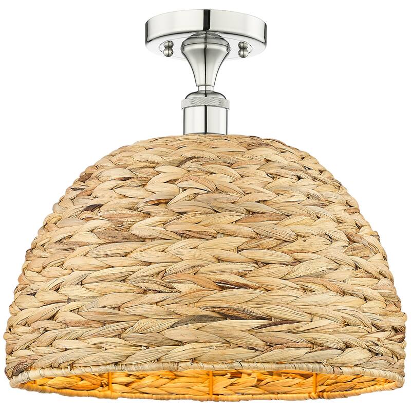 Innovations Lighting 616-1F-14-16 Woven Rattan Semi-Flush Woven Rattan - Polished Nickel / Natural