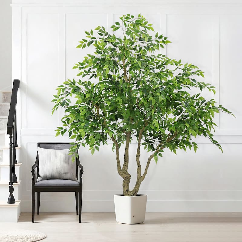 7ft Tall Artificial Banyan Tree With Natural Trunk And Realistic Silk Leaves, Large Imitation Potted Green Plant, 1pc/Set
