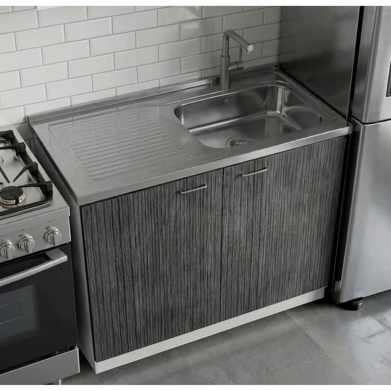 TUHOME Napoles Utility Sink Cabinet with Integrated Steel Sink - White/ Smoky Oak