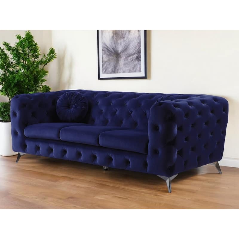HomeRoots 90" Blue Velvet Chesterfield Sofa With Silver Legs - 90