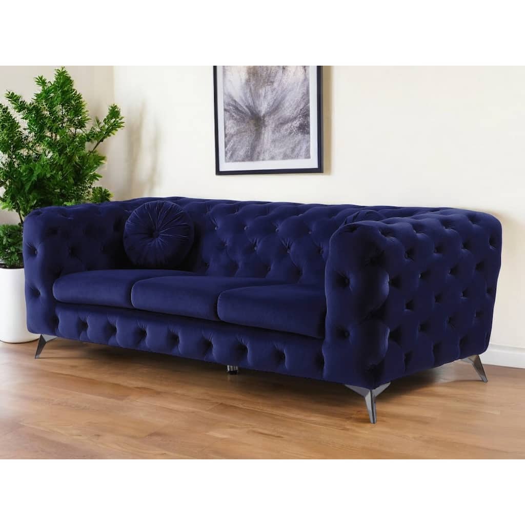 HomeRoots 90" Blue Velvet Chesterfield Sofa With Silver Legs - 90