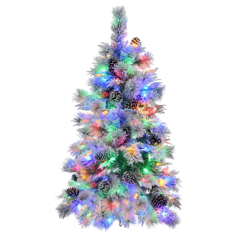 Artificial Snow Flocked Christmas Tree with Pine Cones, LED Lights, Warm & Colorful