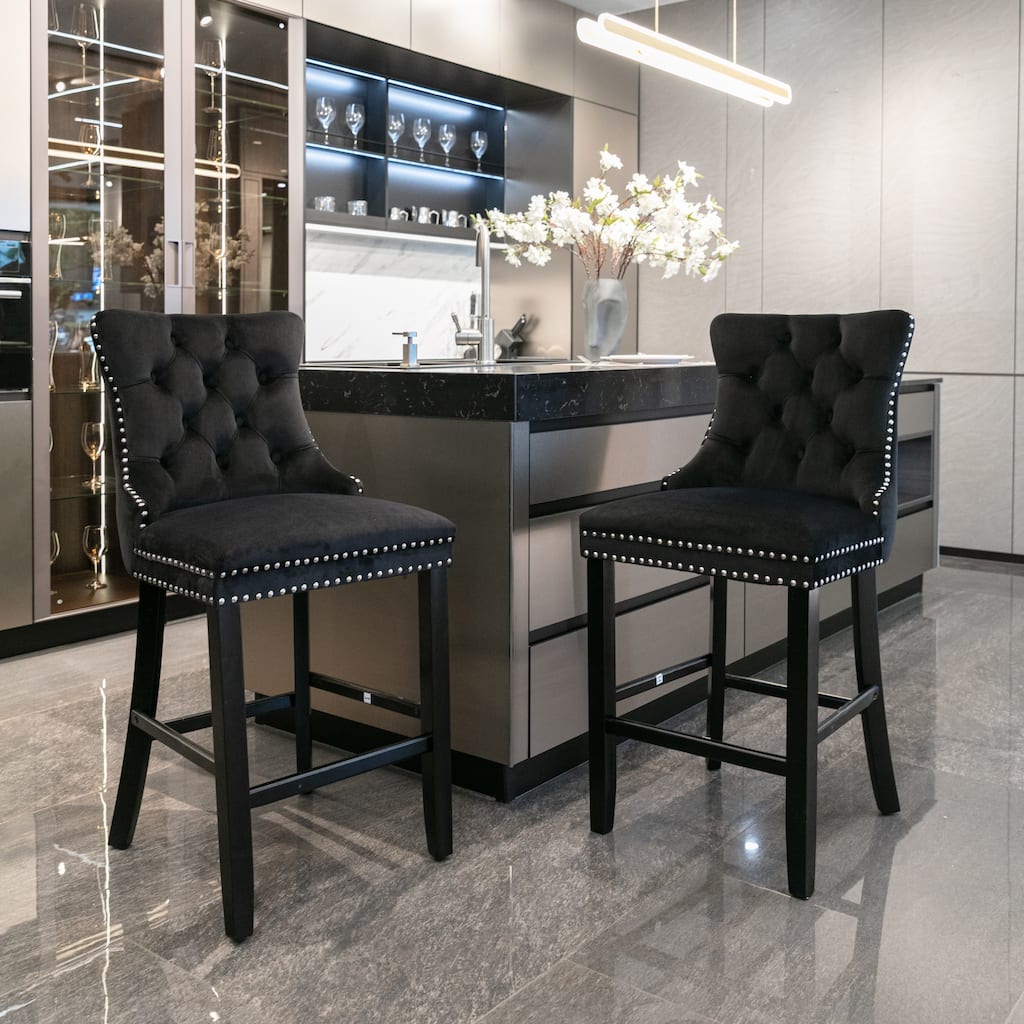 Contemporary Velvet Upholstered Barstools Leisure Style Bar Chairs Set of 2