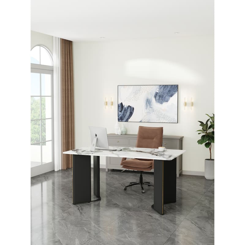 Modern minimalist dining table. White imitation marble glass sticker desktop, stainless steel legs - White+Black