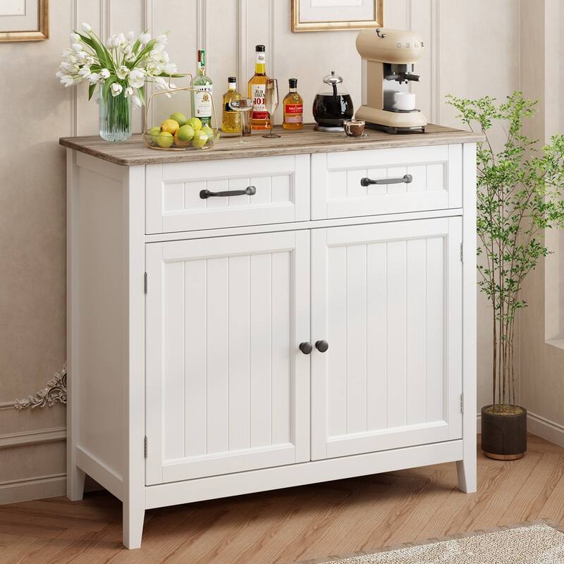 32'' H Kitchen Sideboard Buffet Cabinet, Large Kitchen Storage Island and Adjustable Shelf - Grey