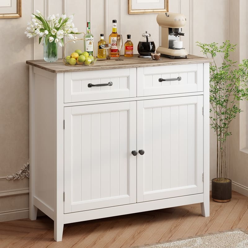 Kitchen Sideboard Buffet Storage Cabinet with 2 Drawers, Coffee Bar Cabinet ,Wood Entryway Cabinet with Double Door Cupboard - Grey